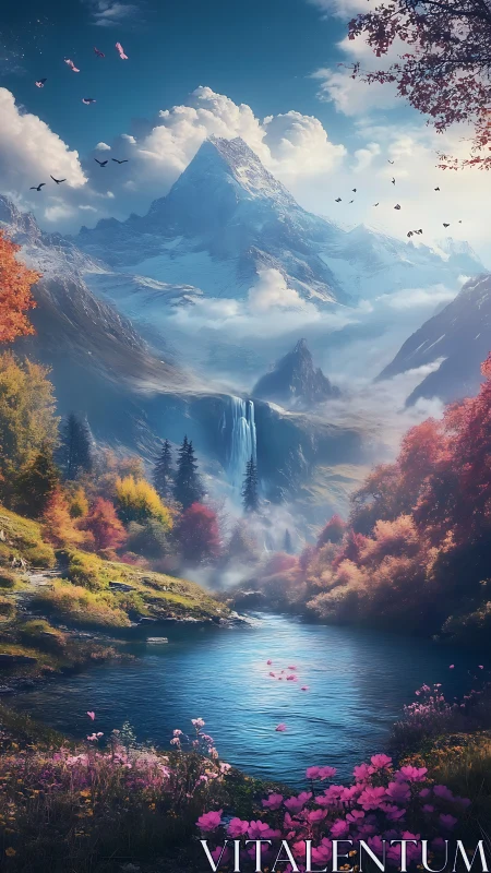 Enchanted alpine peak above luminous waterfall valley.