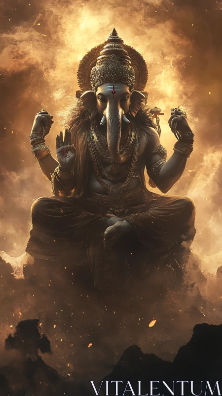 Digital painting of Ganesha in luminous ascendant composition.