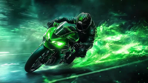 Neon-lit superbike racer cuts through dynamic emerald light