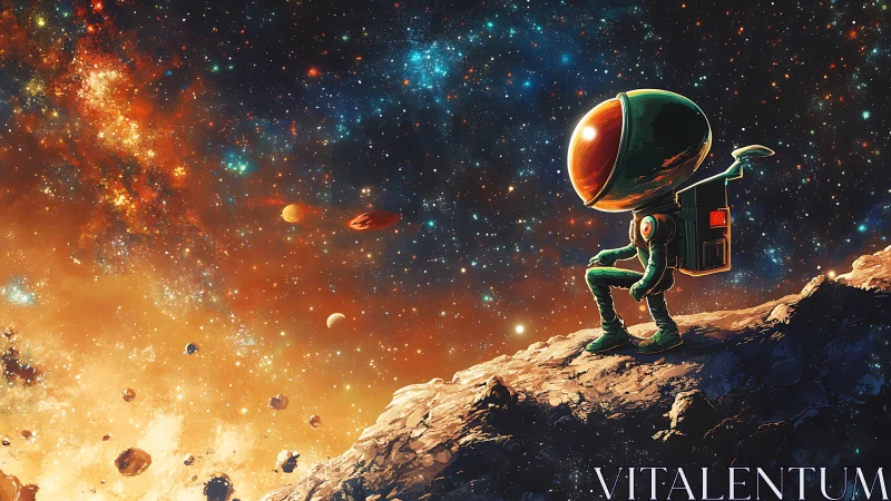 Lonely astronaut contemplates a glowing, star-drenched cosmos.