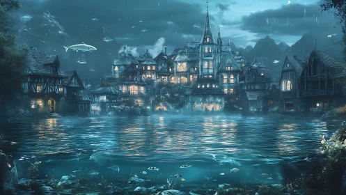 Luminous Castle Rises Where Waters Dream in Twilight.