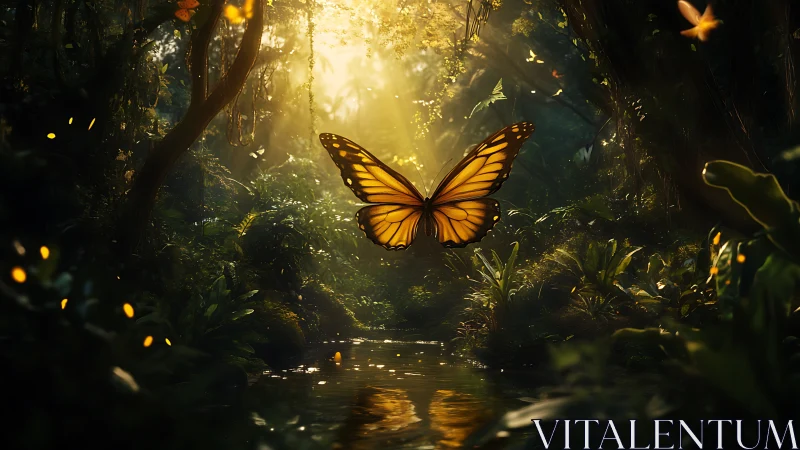 Golden butterfly drifting through a sunlit jungle dream.