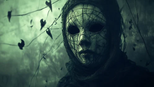 Masked forest wraith stares forward in cracked silence