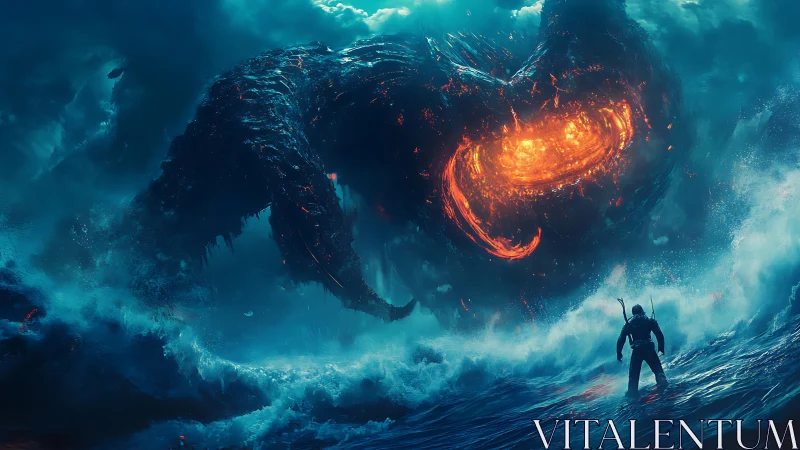 Storm-lit guardian and glowing sea beast in wild waters.