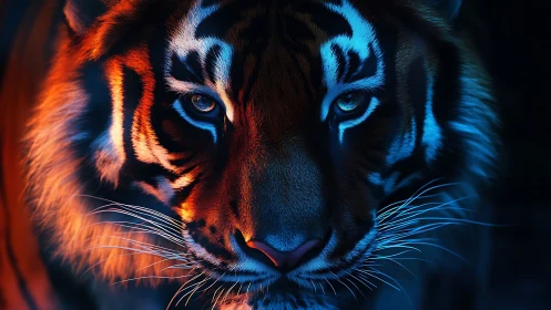 Neon-lit tiger gazes forward in intense, cinematic focus