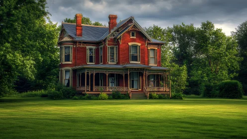 Victorian brick house stands on large green lawn at edge of trees