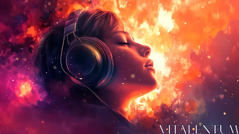 Girl in headphones drifting through molten sunset soundscapes.