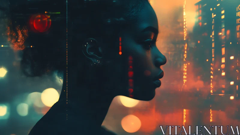 Side-profile portrait merges neon bokeh with layered city light grids