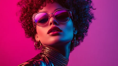 Portrait of woman in neon lighting with reflective sunglasses.