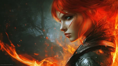 Flame haired warrior listens to the forest breathe in sparks