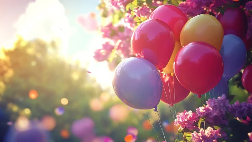 Luminous Balloons Dance Through Blossom Gardens at Golden Hour