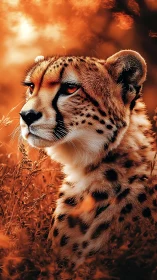 Cheetah portrait against glowing orange savanna light.