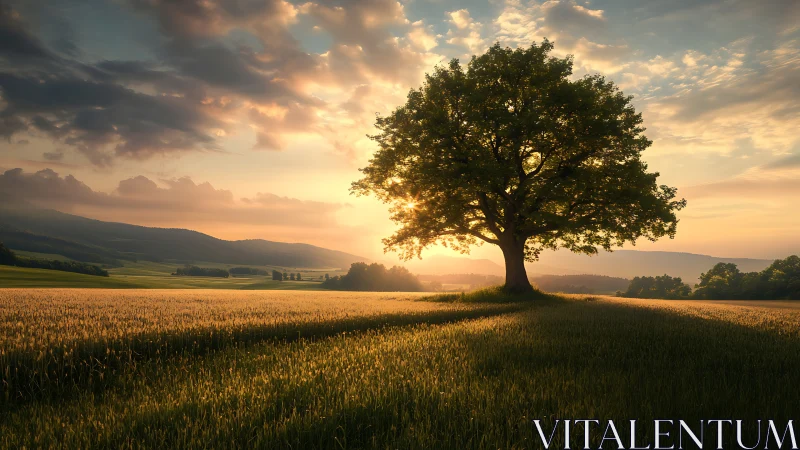 Backlit solitary tree casts elongated shadows across wheat field