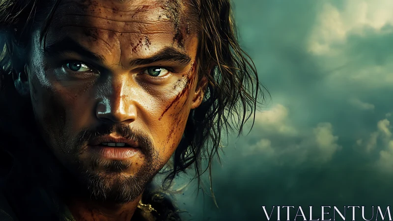 Battle-hardened survivor portrait under stormy skies.