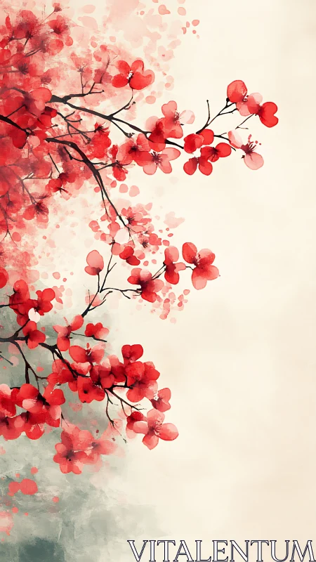 Red Blossoms on Delicate Branches in Watercolor Style.