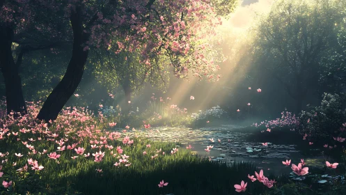 Volumetric sunbeams across blossom-dense lakeside glade.