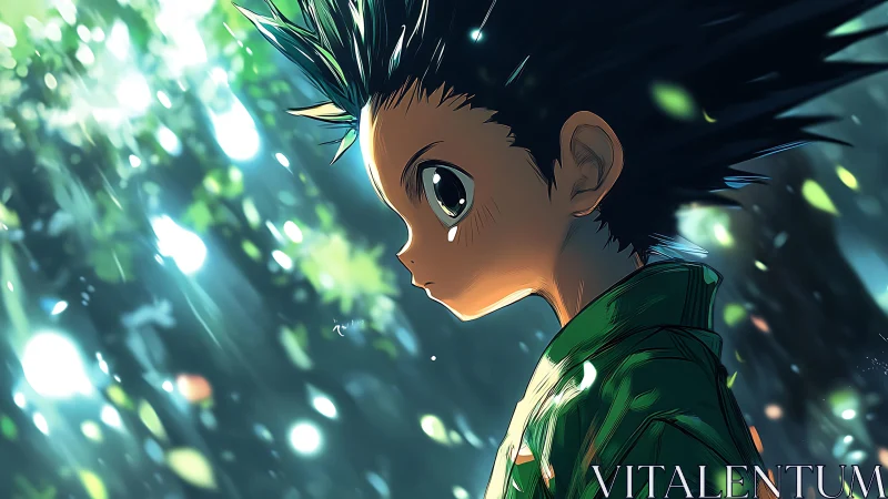 Backlit anime boy in bokeh forest with atmospheric lighting.