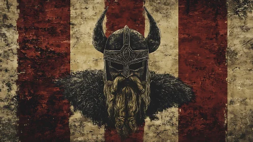 Viking warrior helm dominates weathered crimson banner.