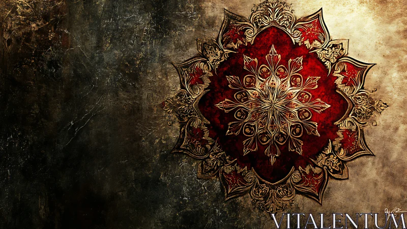 Intricate red and gold mandala on textured grunge wall.