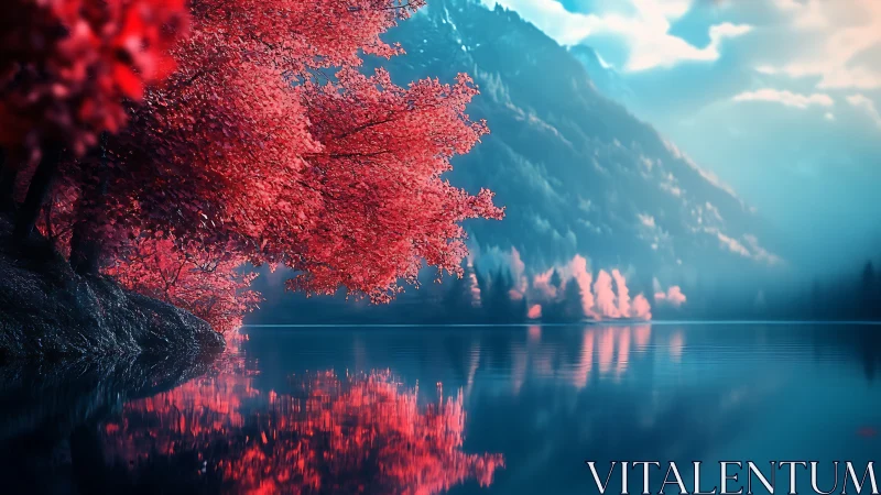 Crimson lakeside trees mirrored on a serene alpine waterway.