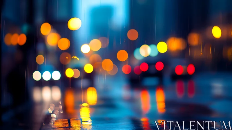 Defocused city street with car lights on wet surface at dusk.