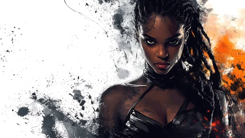 Fierce warrior portrait in splattered digital brushwork.