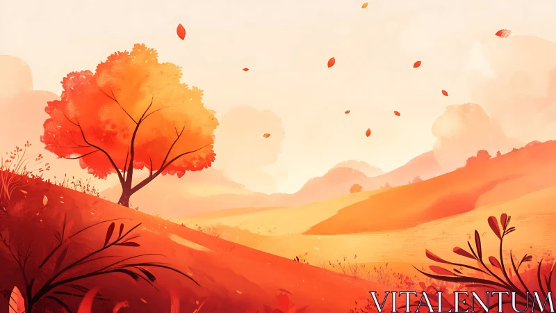 Autumn hillside landscape uses warm gradient palette and stylized foliage