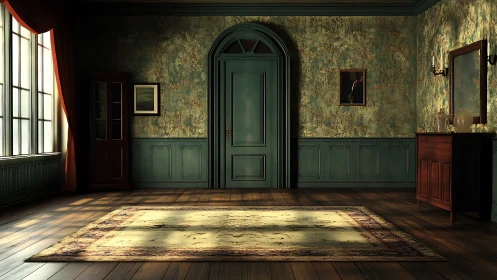 Sunlit vintage parlor with teal door and worn rug.