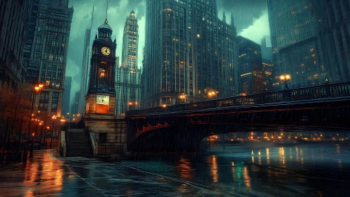 Rain-soaked city bridge with clock tower under night storm