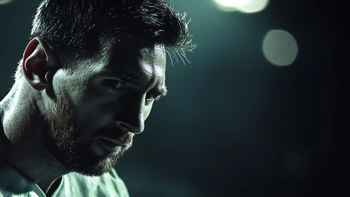 Low-key stadium portrait under harsh directional floodlights.