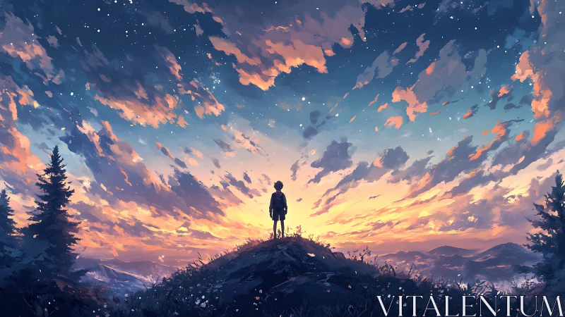 Solitary figure surveys expansive twilight sky in painterly style