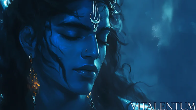 Blue-lit divine portrait with serene closed-eyed profile.