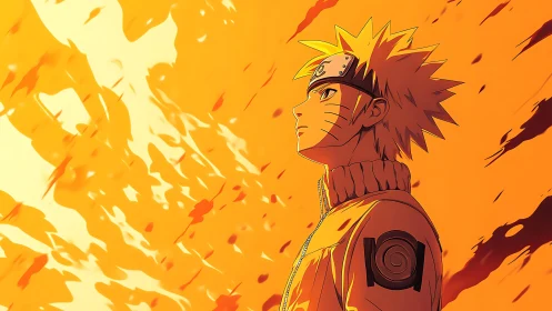 Anime ninja hero framed in blazing orange energy field.