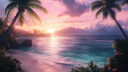Tropical shoreline at sunset with palm silhouettes and clouds.