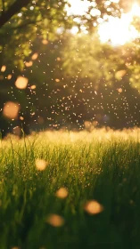 Sunlit meadow glows as floating particles dance in warm air