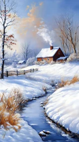 Winter creek curls past a sunlit cabin wrapped in hush