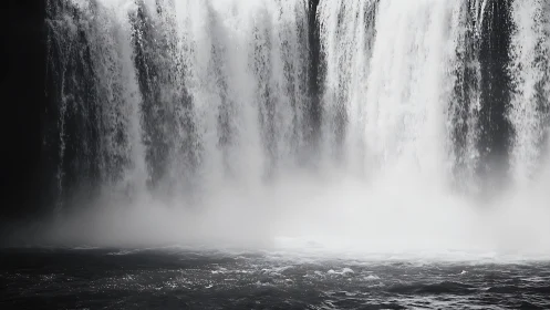 Thunderous silver curtain of mist-shrouded waterfall power.