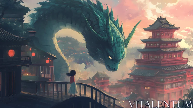 Emerald dragon towers over lantern city at rose dusk.