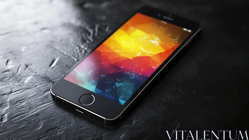 Smartphone displays vibrant gradient wallpaper with geometric light effects.