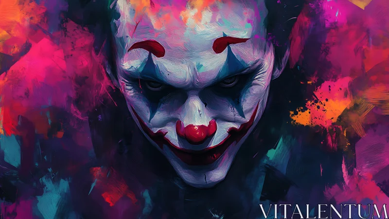 Clown face emerges from dense multicolored abstract background