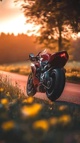 Red sport motorcycle on rural road at warm sunset light.