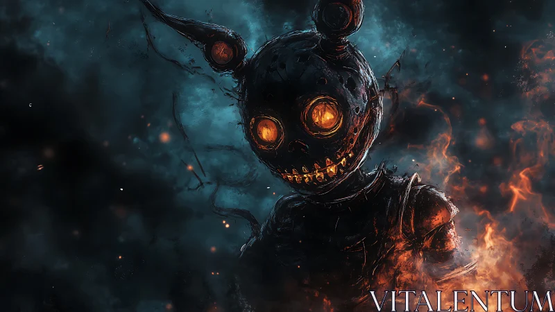 Burning mechanical rabbit fiend amid infernal blue haze.