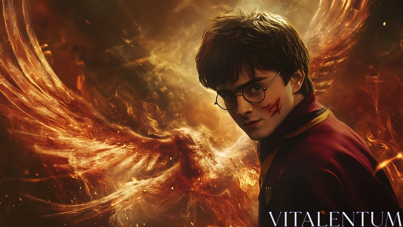 Young wizard with phoenix of fire in dramatic portrait.