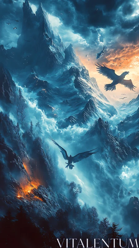 Stormcrows over Ember Peaks in a frozen skyward maelstrom.