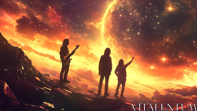 Rock band silhouettes against glowing cosmic sky.