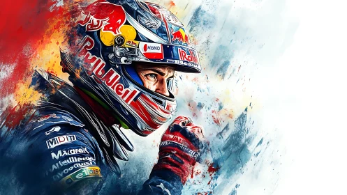 Digital illustration of racing driver in branded helmet.