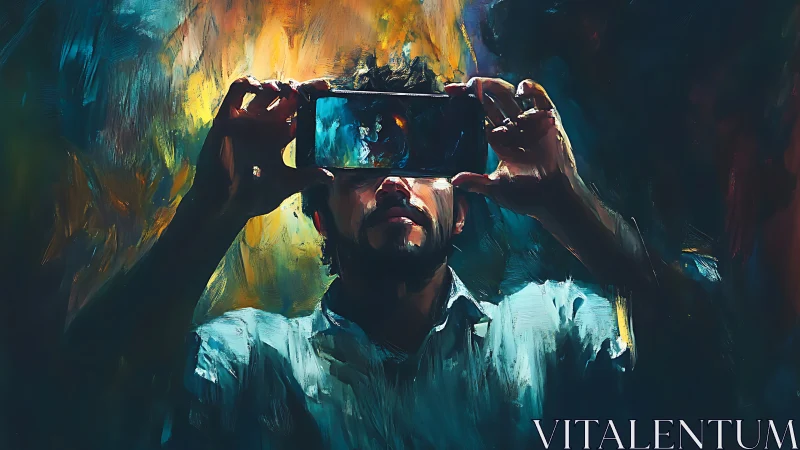 Digital portrait of man framing screen against vivid light.