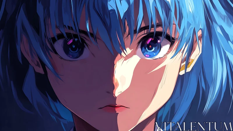Blue haired anime portrait shows intense split lighting contrast