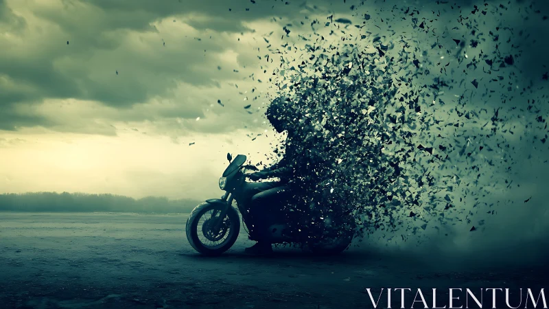 Motorcycle rider dissolving into fragmented particles at dusk.