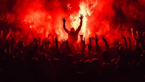 Crowd raises silhouettes under intense red concert flares
